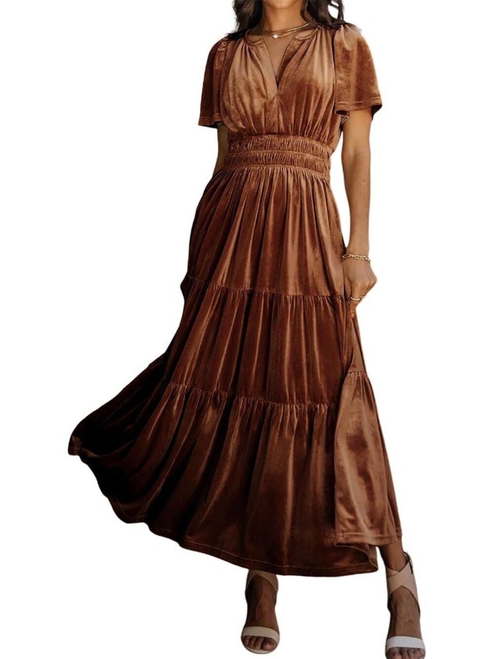 Womens Fall Winter Velvet Elastic Waist Maxi Dress